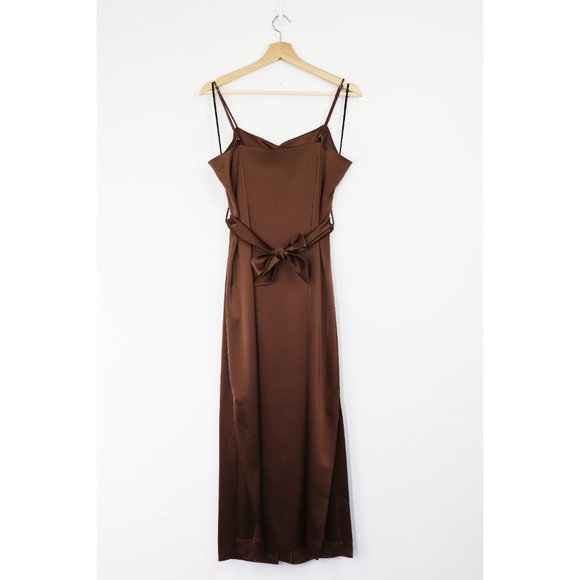 NWT Nanushka Dress Sayan Satin Spaghetti Strap Belted Wrap Tie Midi Slip Brown L - Picture 9 of 11
